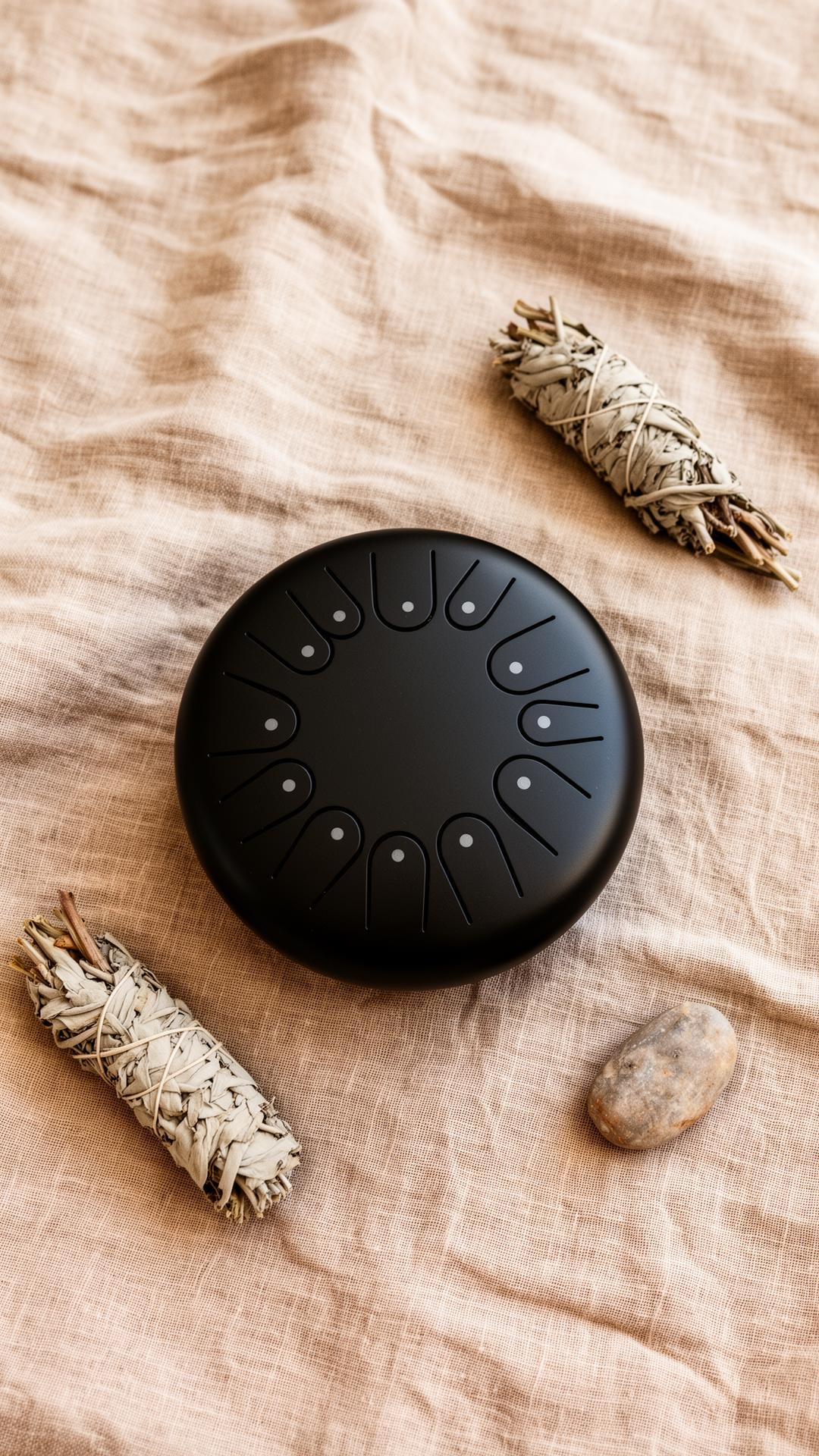 Steel tongue drum on linen with sage